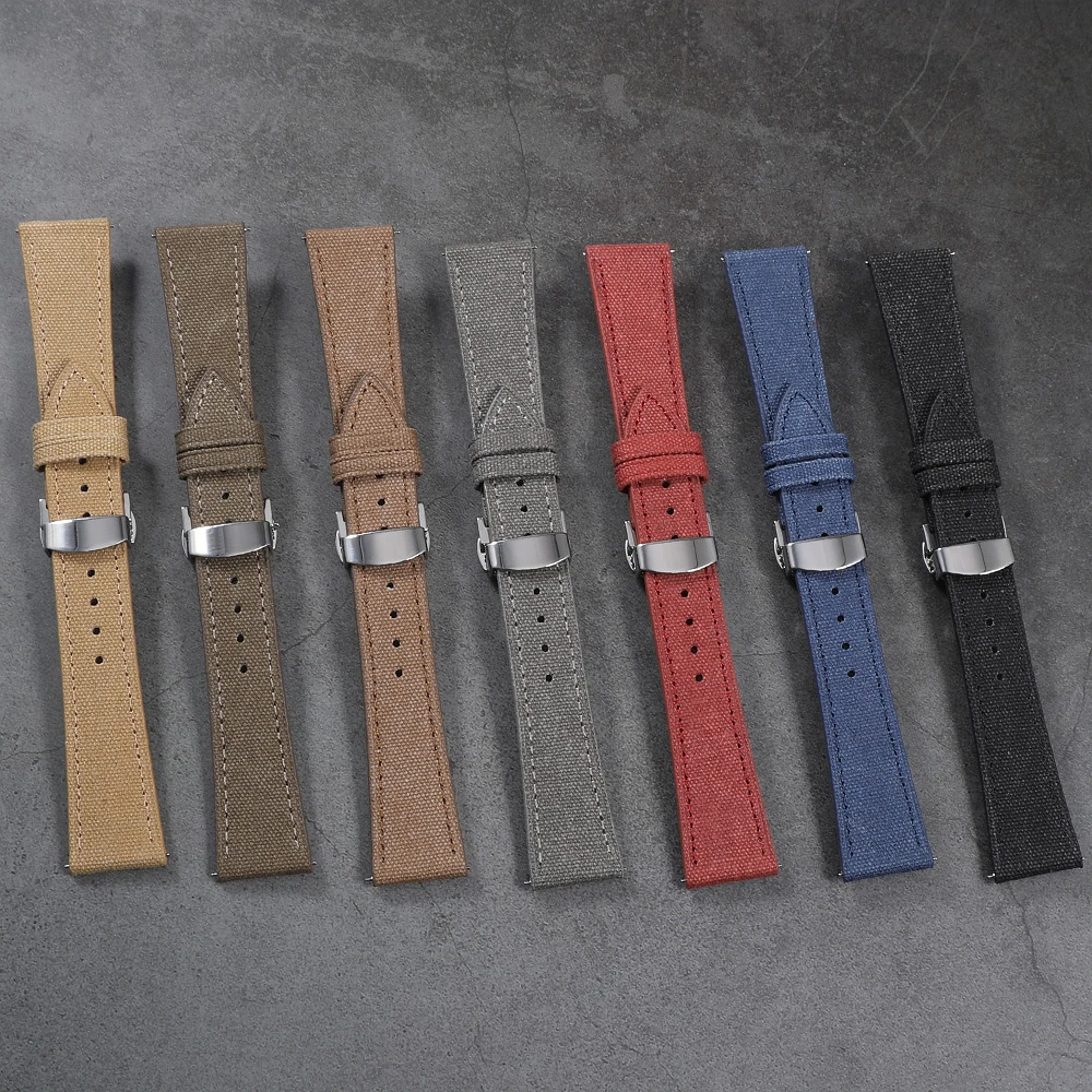 Elegant Canvas & Leather Quick Release Watch Strap - Butterfly Clasp, Tapered Design, 20mm/22mm Wide