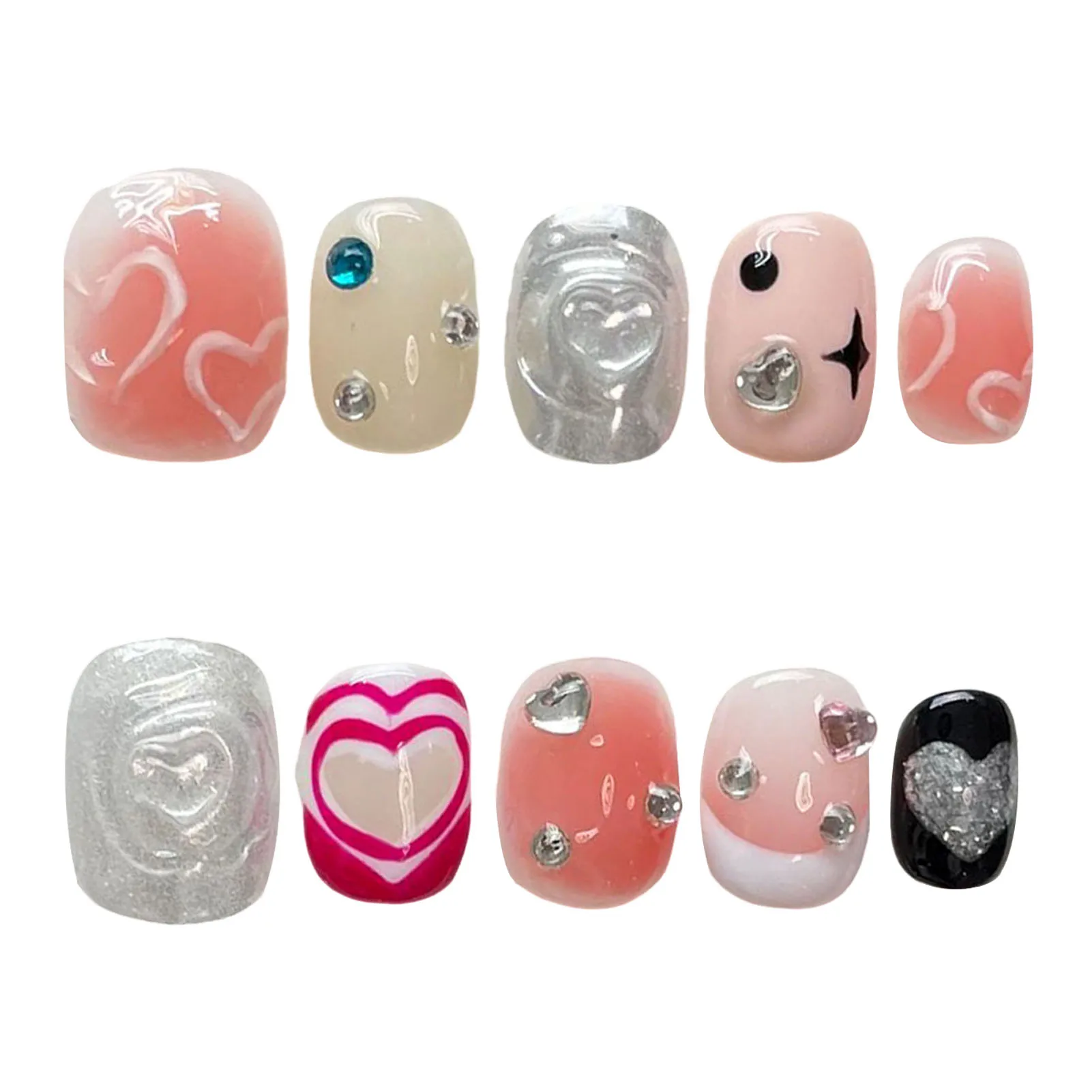 

Pink Silver Fake Nails with Heart Printed Natural Unbreakable Nail Simple Wear for Stage Performance Wear