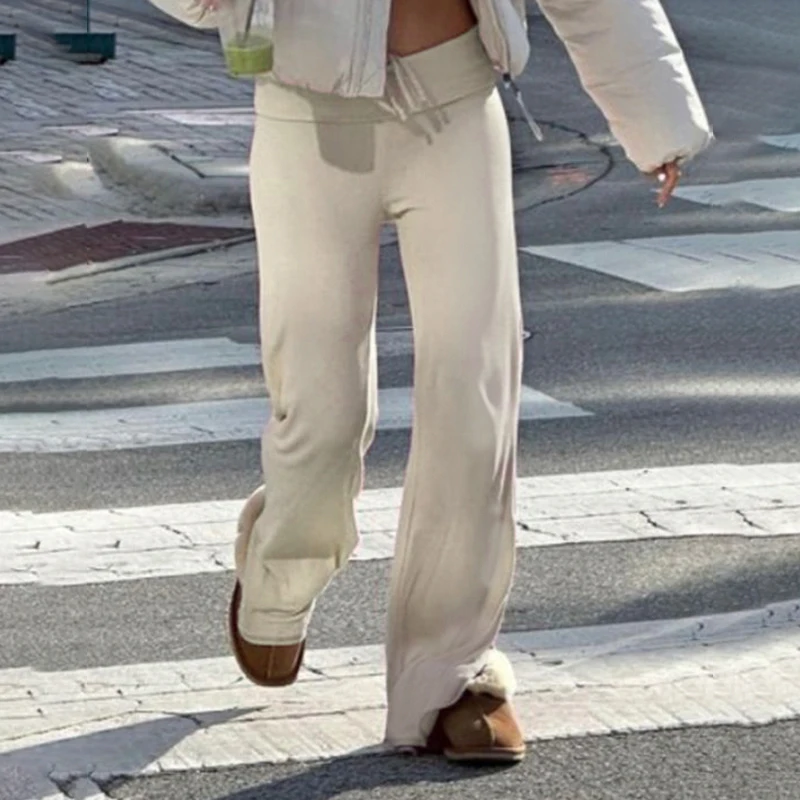 Cuteandpsycho Casual Solid Basic Pants Y2K Chic Floor Length Bottoms Vintage Aesthetic Mid Waist Drawstring Straight Trousers 2