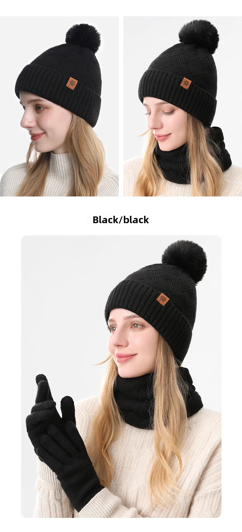 Herren/Damen Outdoor Warme Fleece-gefütterte Strickmützen Winter Kältebeständige doppellagige Strumpfmütze Einteiliges/dreiteiliges Set Skullies – Detail 6