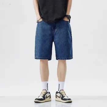 2025 New Korean Style Vintage Men's Jeans Summer Loose Male Wide Leg Knee Length Shorts New Washed Fashion Short Denim Pants 1