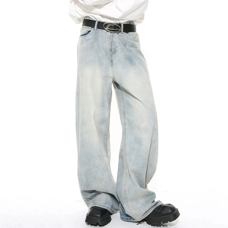 IEFB Washed Male Jeans Korean Fashion Worn Out Gradient Color Men's Denim Straight Pants Men Wide Leg Trousers Spring New 9C4502 4