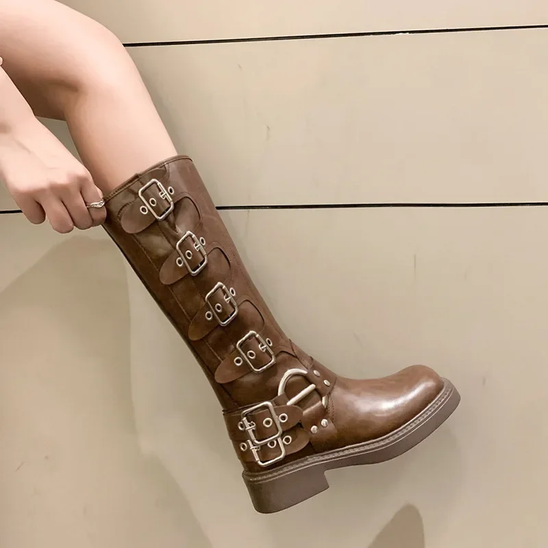 Women's Brown Pure Leather Over-the-Knee Punk Knight Style Retro Motorcycle Boots