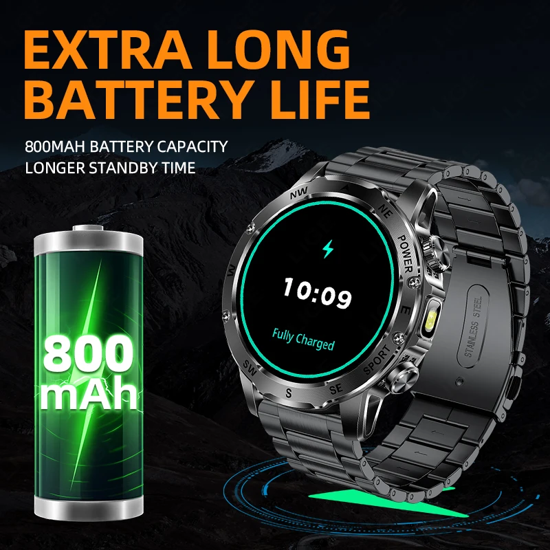 LIGE 800mAh Large Capacity Battery Smart Watch Men's Outdoor Compass Flashlight IP68 Sports Fitness Voice Calling Man Smartwatch