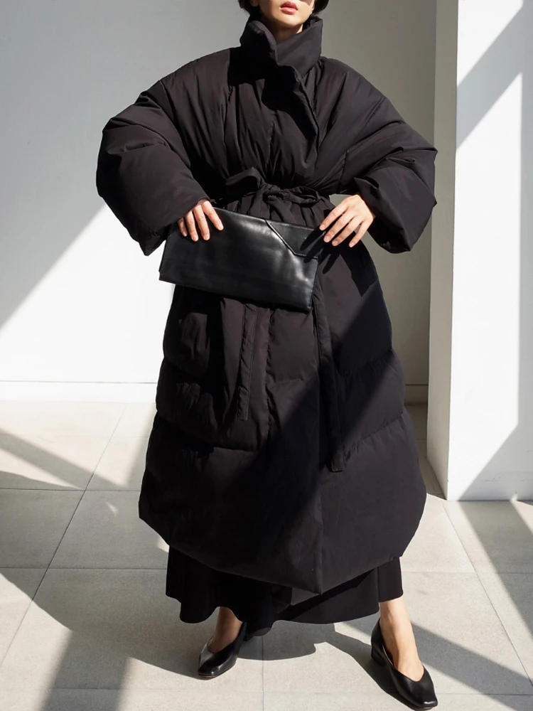 

CamKemsey Korean Oversized Fluffy Winter Coats Women Chic Stand Collar Thick Warm Down Cotton Padded Lace Up Long Winter Jackets