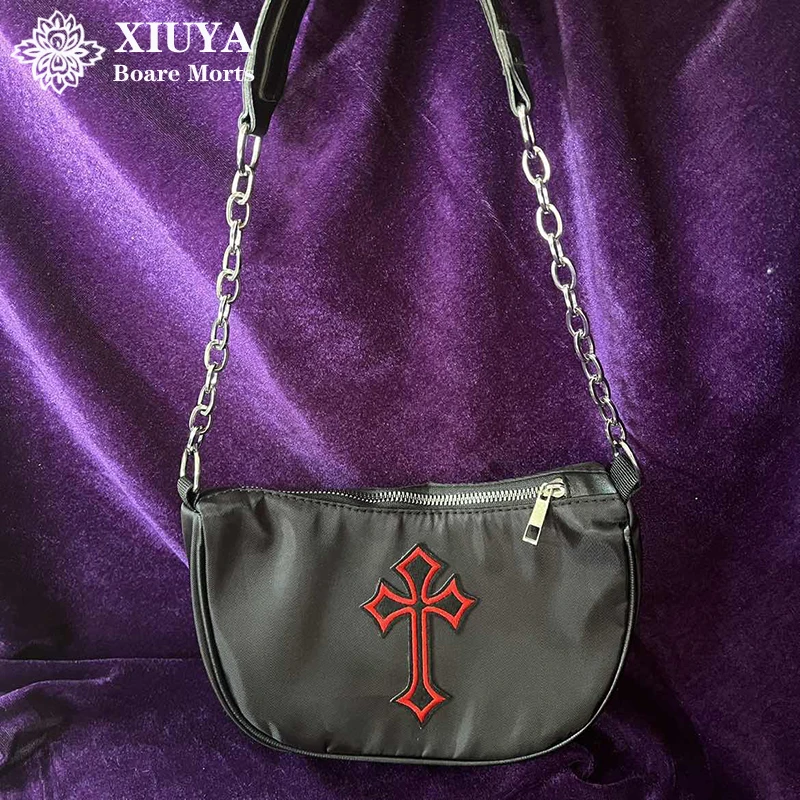 Xiuya Vintage Gothic Shoulder Bag Women 2022 Harajuku Punk Pin Cross Crossbody Bags Solid PU Leather Womens Handbag Pouch