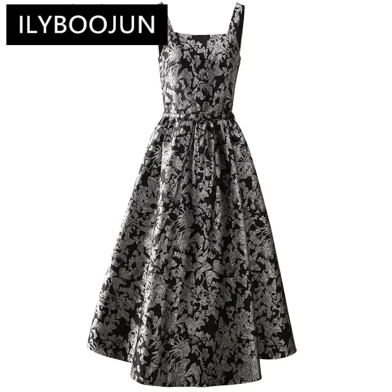 

ILYBOOJUN Fashion Designer Summer Jacquard Vintage Dress Women's Spaghetti Strap Sashes Elegant Party Backless Dresses