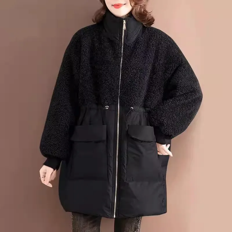 

Cotton-Padded Jacket Lamb Wool Splicing Coat Women Parka Cotton Clothes Long Coats Winter Down Jackets Loose Large Size Outwear