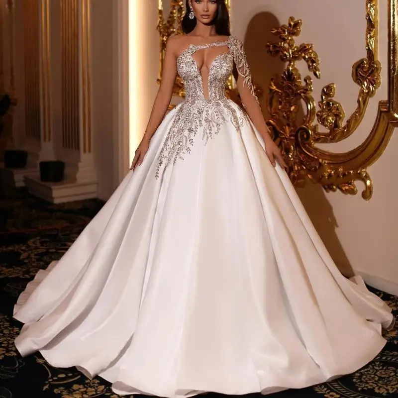 

Luxurious Dubai Ball Gown One Shoulder Wedding Dresses For Women Custom Bridal Dress Crystals Beaded Illusion Vestido De Novia