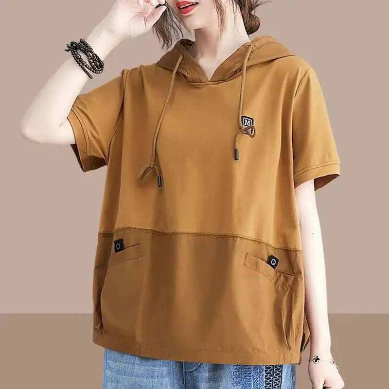 100% Cotton T Shirts Women Casual Vintage Patchwork T-shirt Art Hooded Short Sleeve Tops Summer Trend Loose Oversized Tshirt Y2k