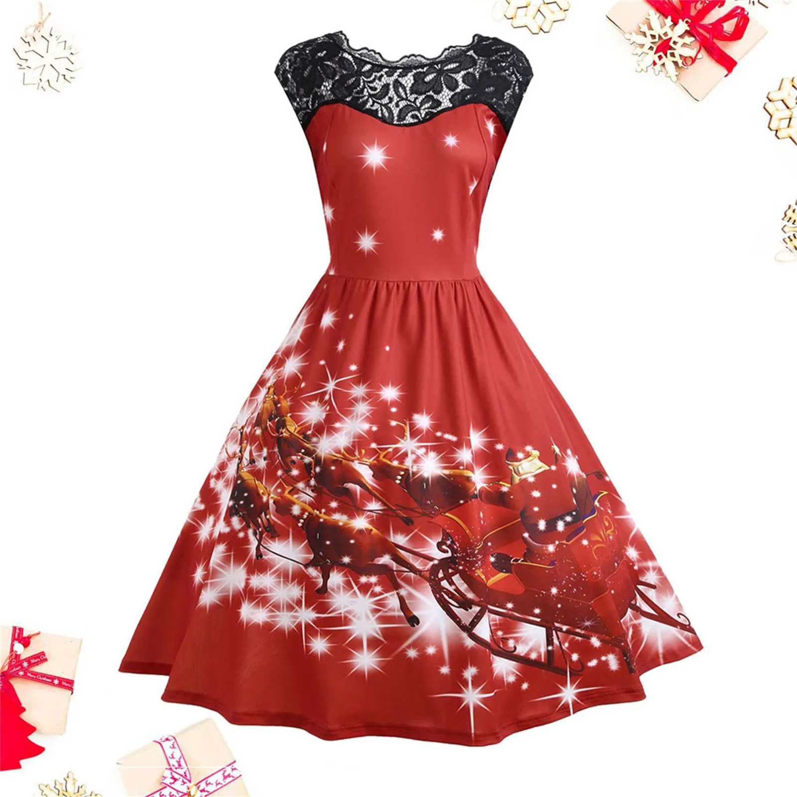 

Women Christmas Party Dress Sexy Lace Patchwork Sleeveless Elegant Evening Prom Formal Dress Vintage Swing Ruffle Hem Dresses