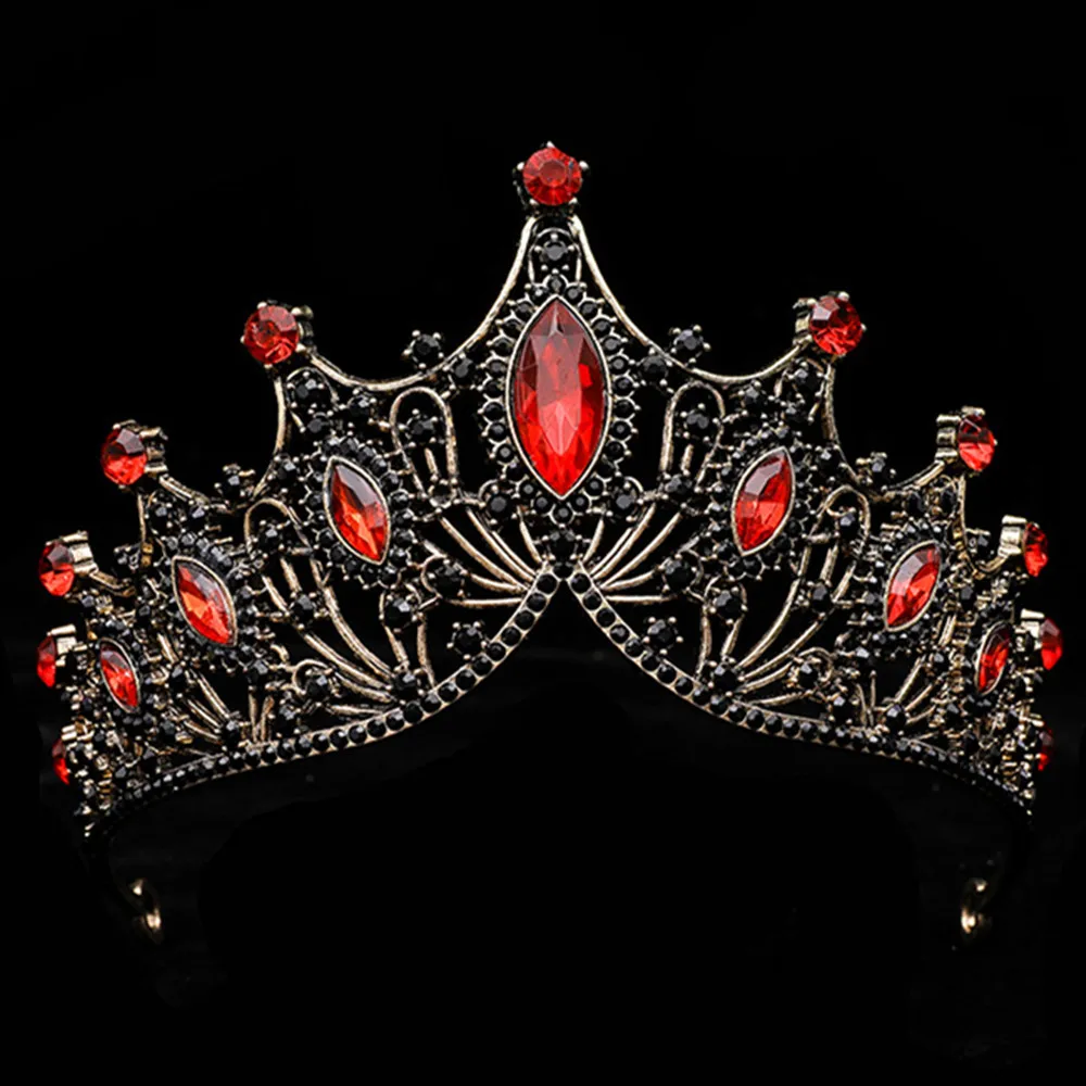 Uodcm Barocco Vintage Red Crystal Bride Black Tiara Crown Per Le Donne Princess Queen Strass Crown Accessori Per Gioielli Per Capelli