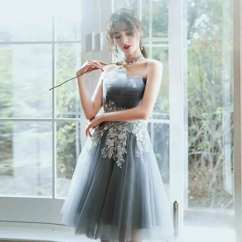 Short grey sweat sleeveless lady girl women bridesmaid dress party evening dress performance gown
