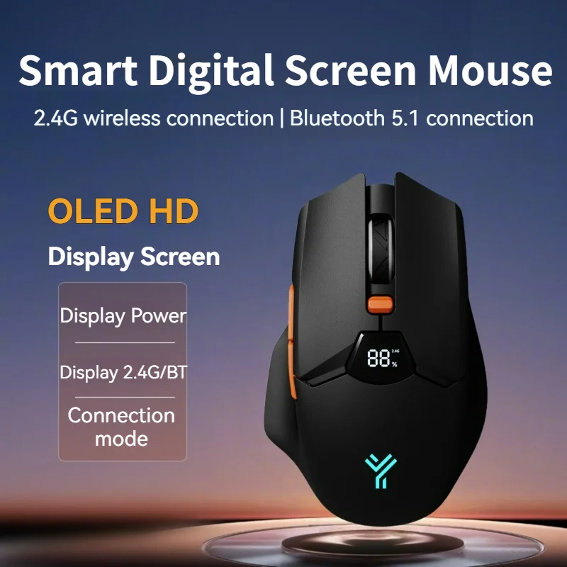 Wireless Bluetooth Mouse, Smart Screen Display, Dual Mode Mute Button, 600mAh Lithium Battery, Office Mouse for Tablet, Notebook