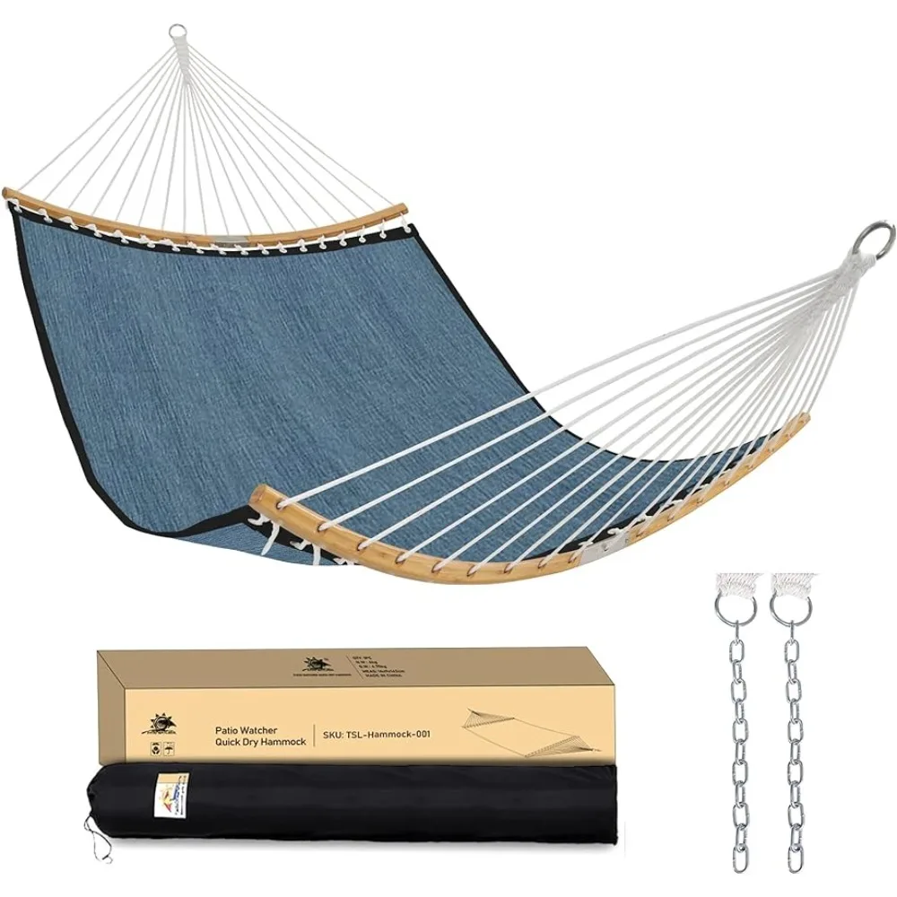 

14 FT Double Hammock with Curved-Bar Bamboo, Outside Quick Dry Two Person Hammock with Olefin,450 lbs Capacity, Dark Blue