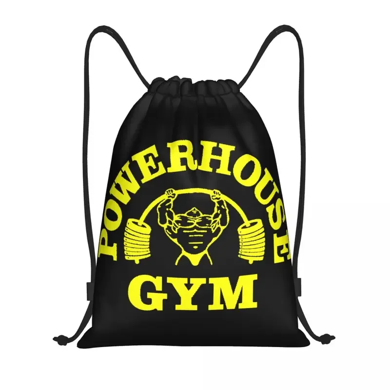 Custom yellow Powerhouse Gym drawstring backpack sports bag for women men fitness building muscle shopping sackpack