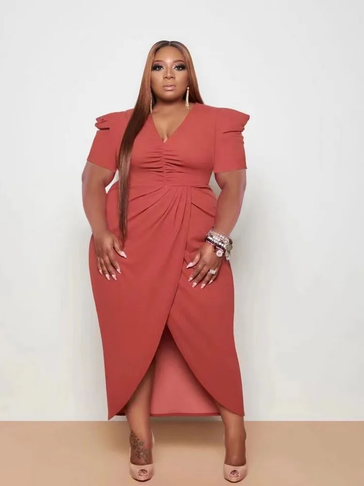 

ZJFZML ZZ Plus Size Women's Clothing Deep V Neck Short Puff Sleeve High Waist Ruched Front High Split Bodycon Evening Dresses