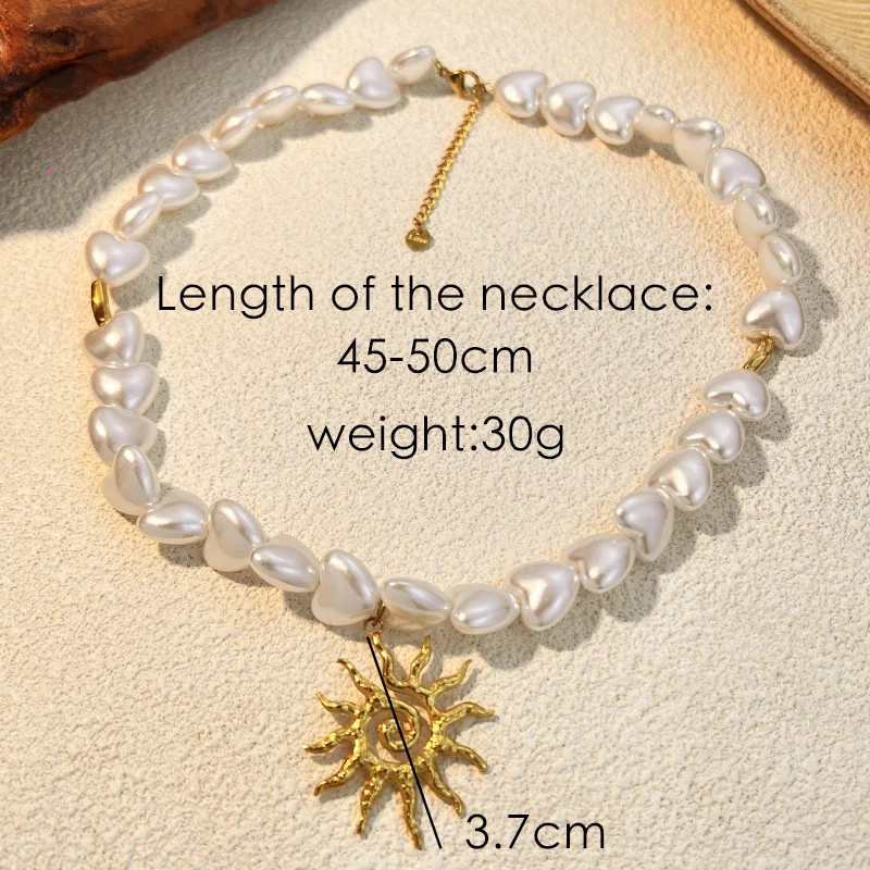 Elegant Thick Heart Pearl Neckalce Handmade Beading Lava Textured Twist Gold Color Sun Pendant Clavicle Choker Collar Jewelry