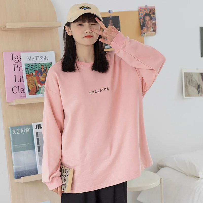 Women O-Neck Drop Sleeve Preppy Style Sweatshirts Dark Blue Simple Loose Casual Pullovers Cartoon Printed Cotton Sweatshirts