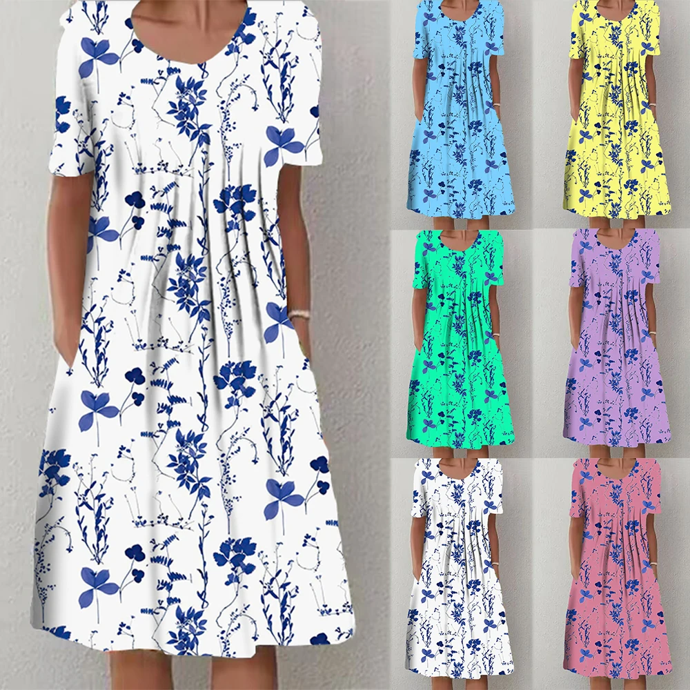 

Women's Casual Dress Floral Dress Midi Dress Short Sleeve Floral Pleated Summer Spring Crew Neck Fashion 2023