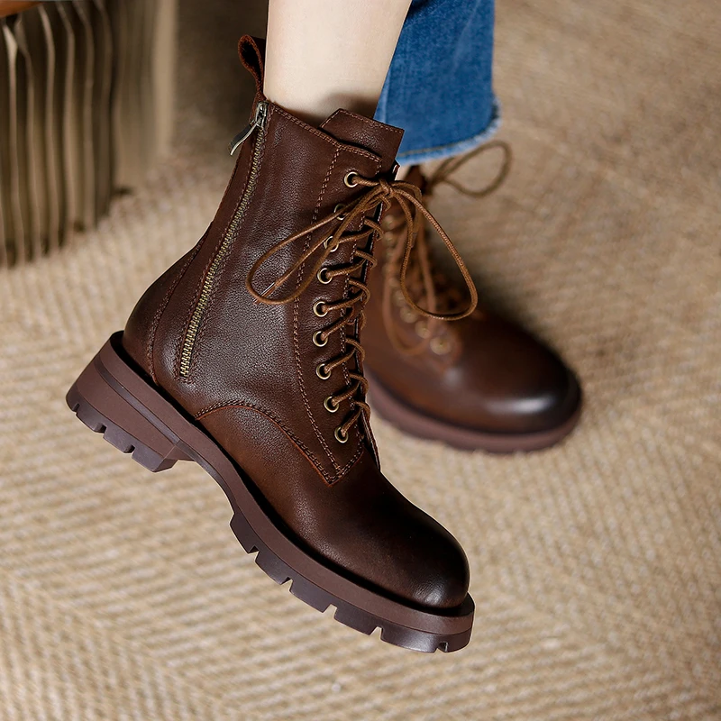 

Women Shoes With Cross-Tied Ladies Warm Boots Round Toe Cowhide Spring Autumn Botas Shot Boots Vintage Style Shoes Woman