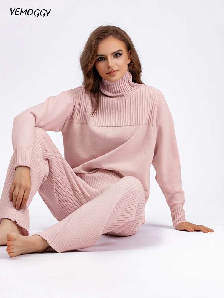 

Oversize Knit Sweater Two Piece Women Tracksuit Autumn Winter Warm Turtleneck Sweater Set Fashion Casual Pant Lady 2-piece Suit