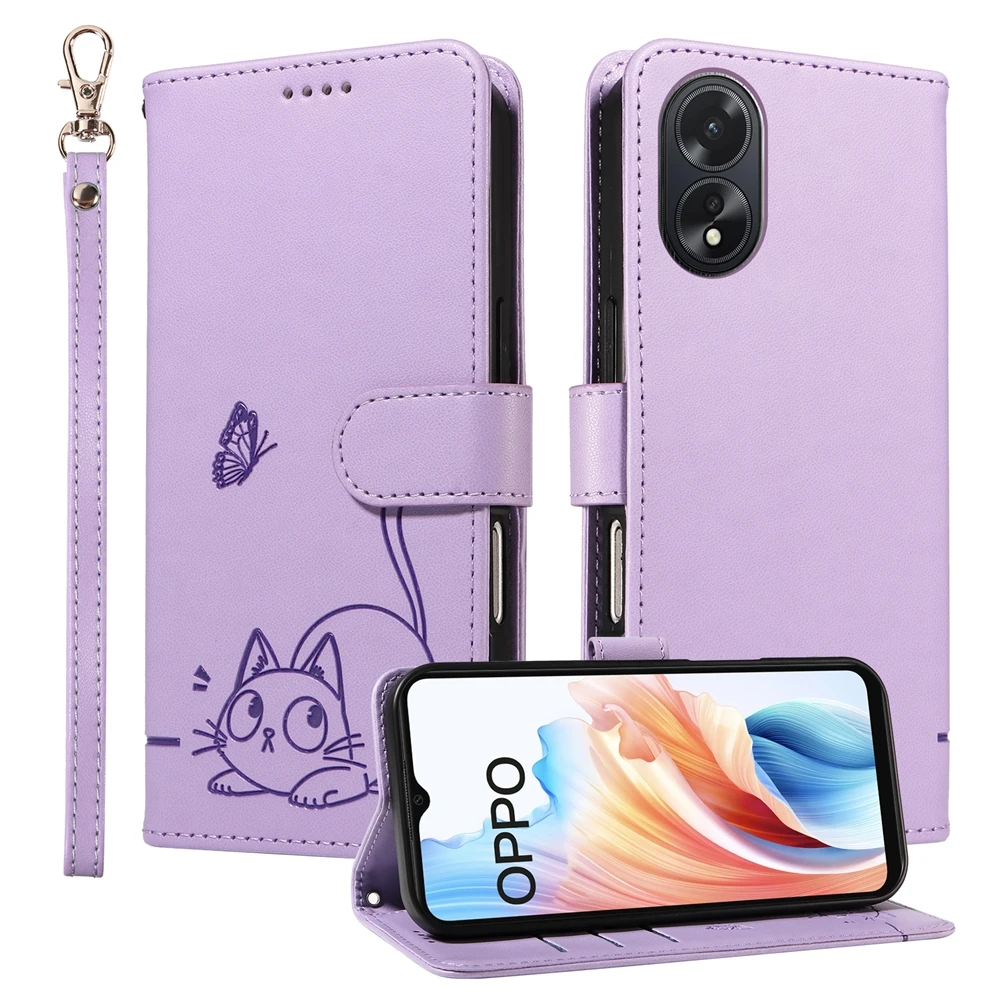 Magnetic Wallet Flip Leather Case with Cat and Butterfly Embossed Design