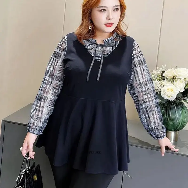 

Plus Size 5XL 140KG Autumn Blouse Women England Style Stand Collar Fashion Elegant Solid Color Loose Loose Shirt Tops
