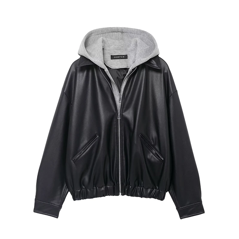 Women's Jacket Autumn Winter 2025 New Fashion Leather Splicing Hooded Jackets Women Coat Casual Long Sleeve Zipper New Outerwear