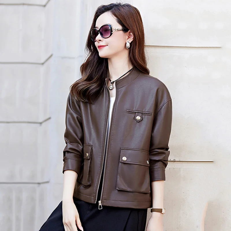 

New Women Spring Autumn Casual Leather Jacket Fashion Small Stand Collar Wide-waisted Loose Short Coat Split Leather Outerwear