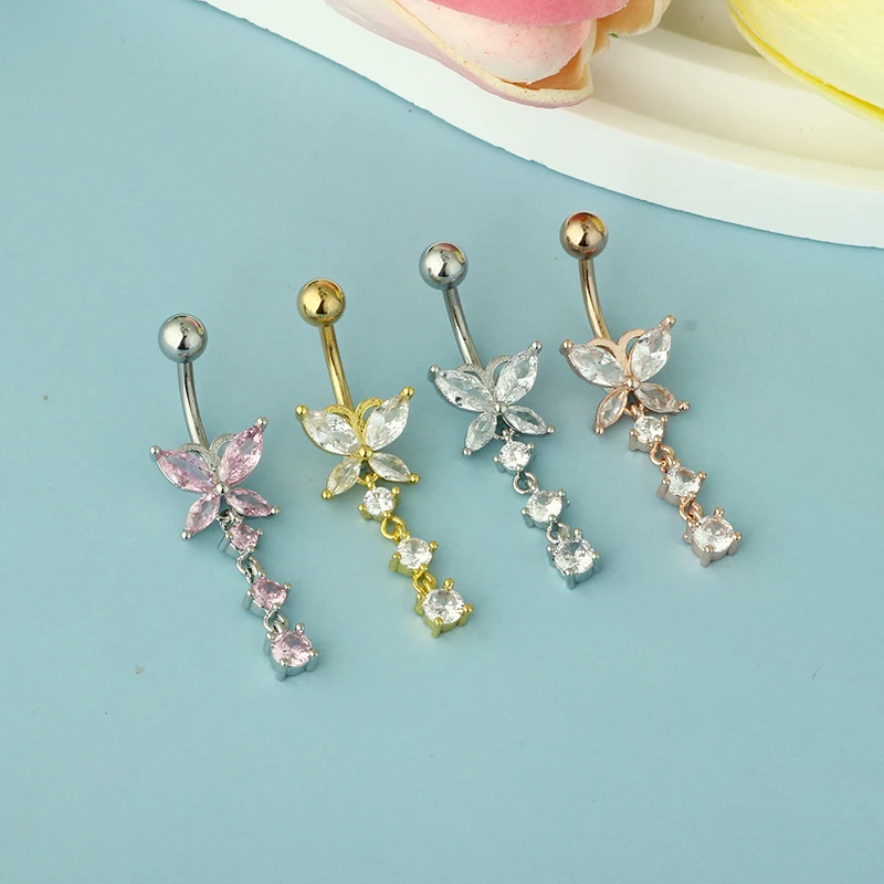 Wholesales 14 Gauges Belly Button Ring Dangling Navel Piercing jewelry Butterfly Dangling Belly Bar Stainless Steel Belly Button