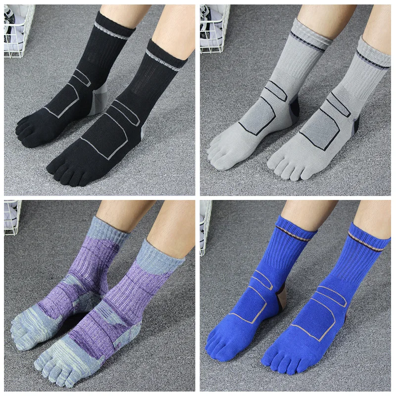 

4 Pairs Professional Sport 5 Finger Socks Cotton Thick Damping Compression Striped Bike Run Outdoor Basketball Terry Toe Socks