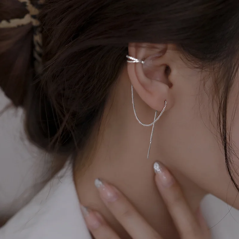 

Silver Color Crystal Tassel Non-Piercing Cuff Ear Clip Earring for Women Shiny Rhinestone Chain Fake Cartilage Piercing Jewelry