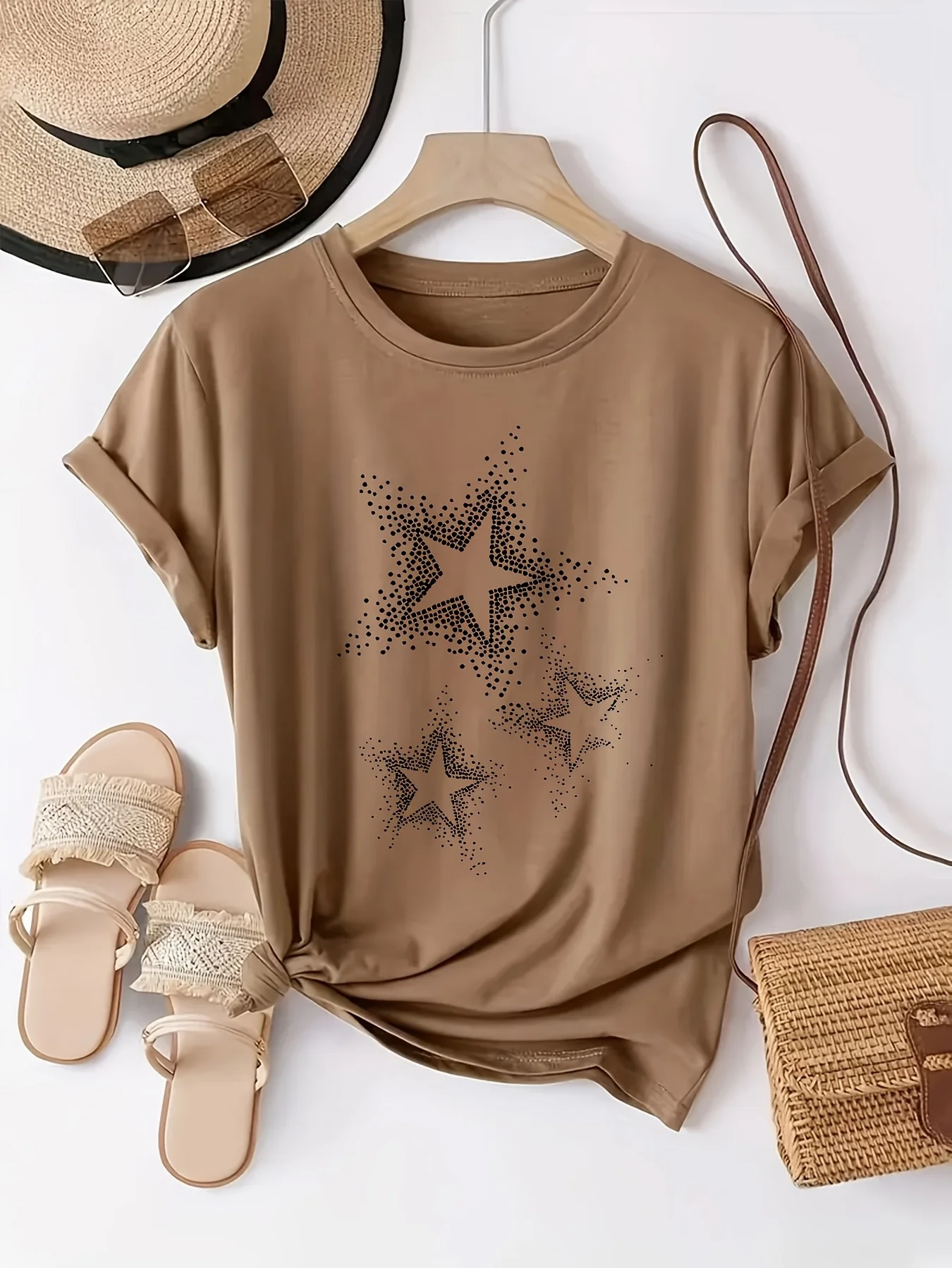Women's Casual Short Sleeve T-Shirt - Black with White Star Print Round Neck Top for Spring & Summer Machine Washable 5
