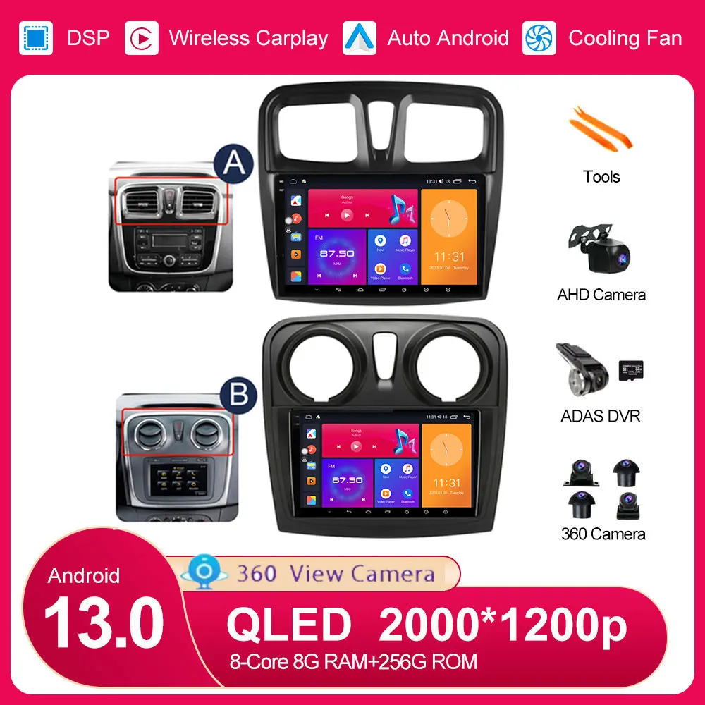 

For Renault Logan 2 Sandero 2 2012 - 2019 Android 13 Car Video GSP 360 Camera Stereos Head Unit Carplay Wireless