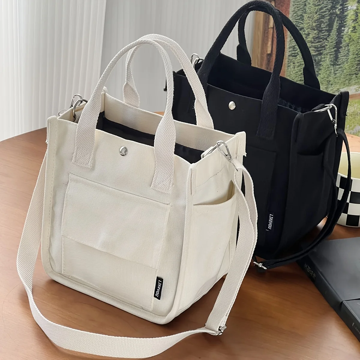 1pc Mini Canvas Tote Bag Multi Pocket Crossbody
