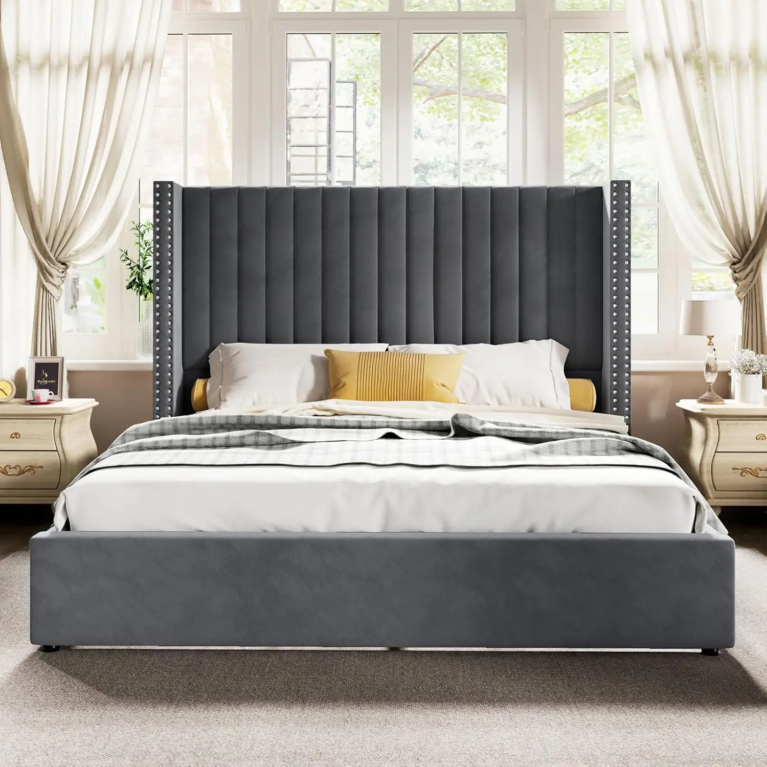 Lift up Storage Bed Frame Queen Size,Upholstered Platform Bed Velvet with Channel Tufted Wingback Headboard,No Box Spring Needed 2