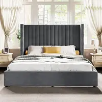 Lift up Storage Bed Frame Queen Size,Upholstered Platform Bed Velvet with Channel Tufted Wingback Headboard,No Box Spring Needed 2