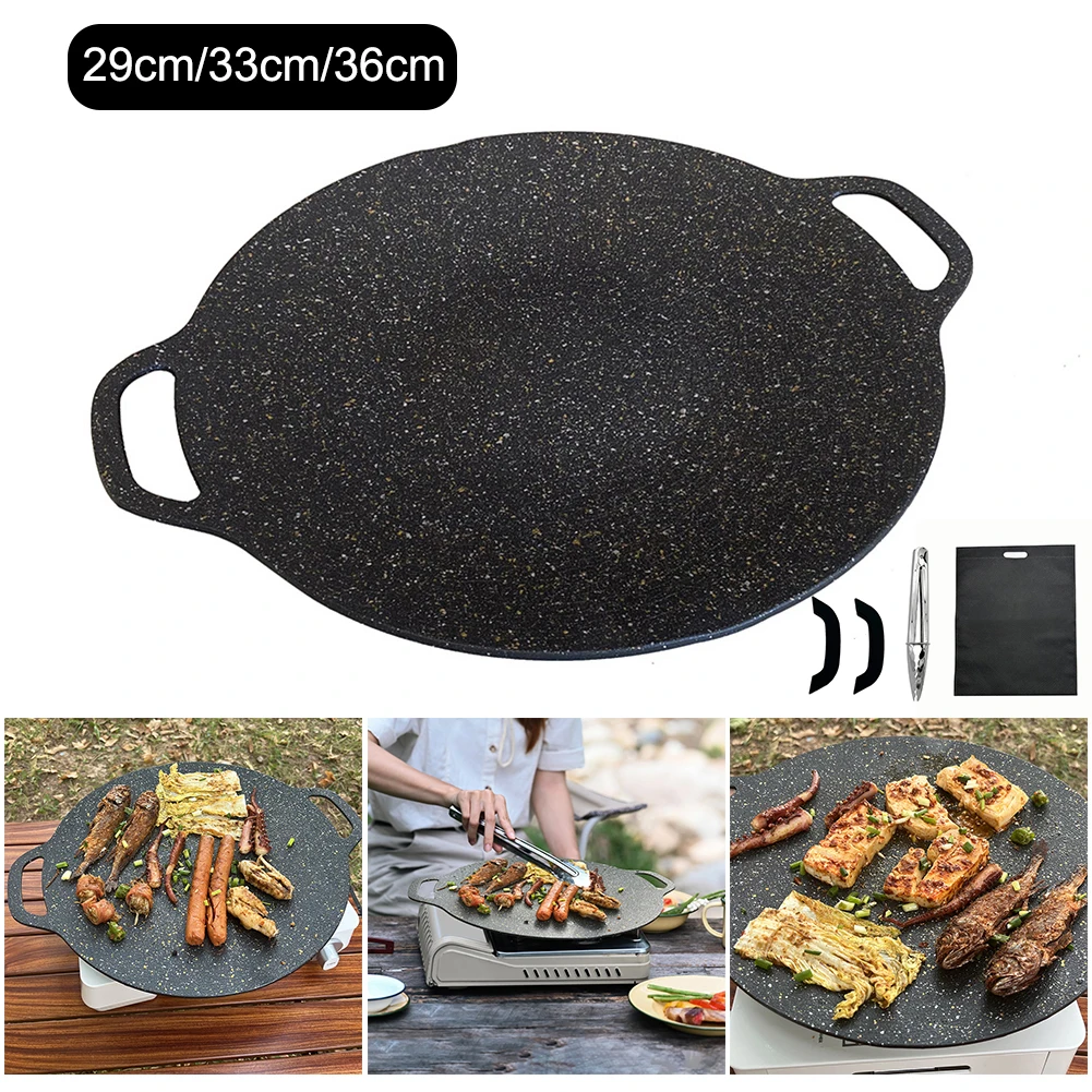 Oil Frying Baking Pan Round Frying Pan Non-stick Barbecue Tray with Food Clip Anti Scald Handle for Outdoor Camping BBQ Tool Camping Cookware Camping Cookware Set