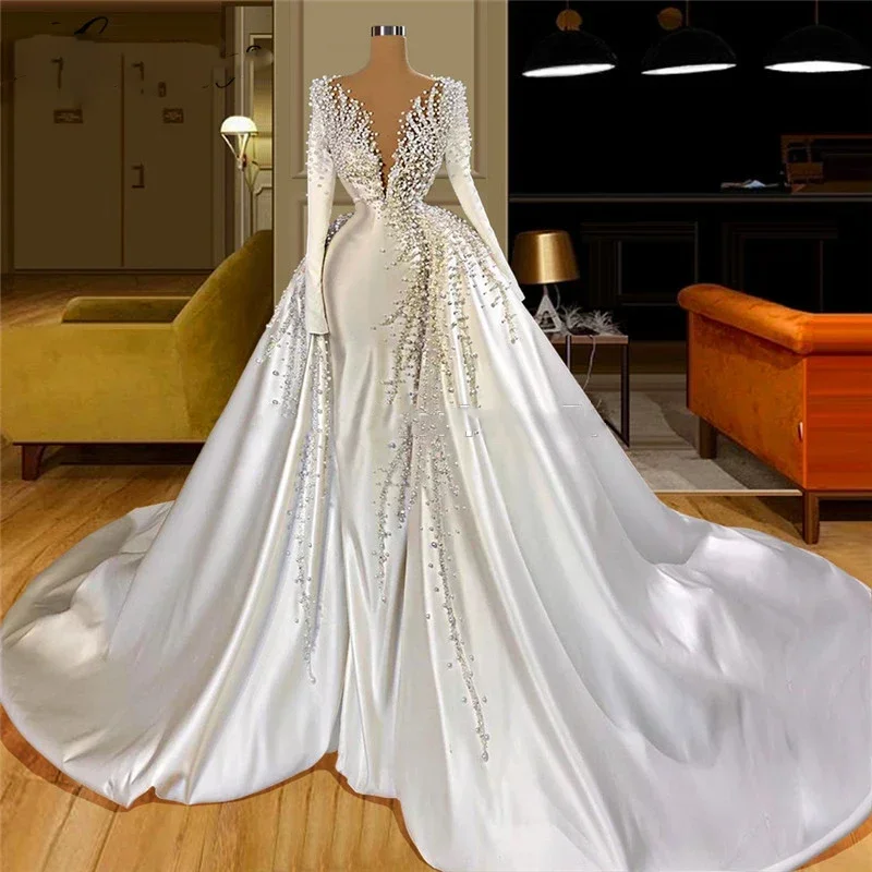 

Gorgeous V-Neck Long Sleeves Pearls Wedding Dress Exquisite Beads Satin Mermaid Gowns Luxury Elegant Court Train Bride Dresses