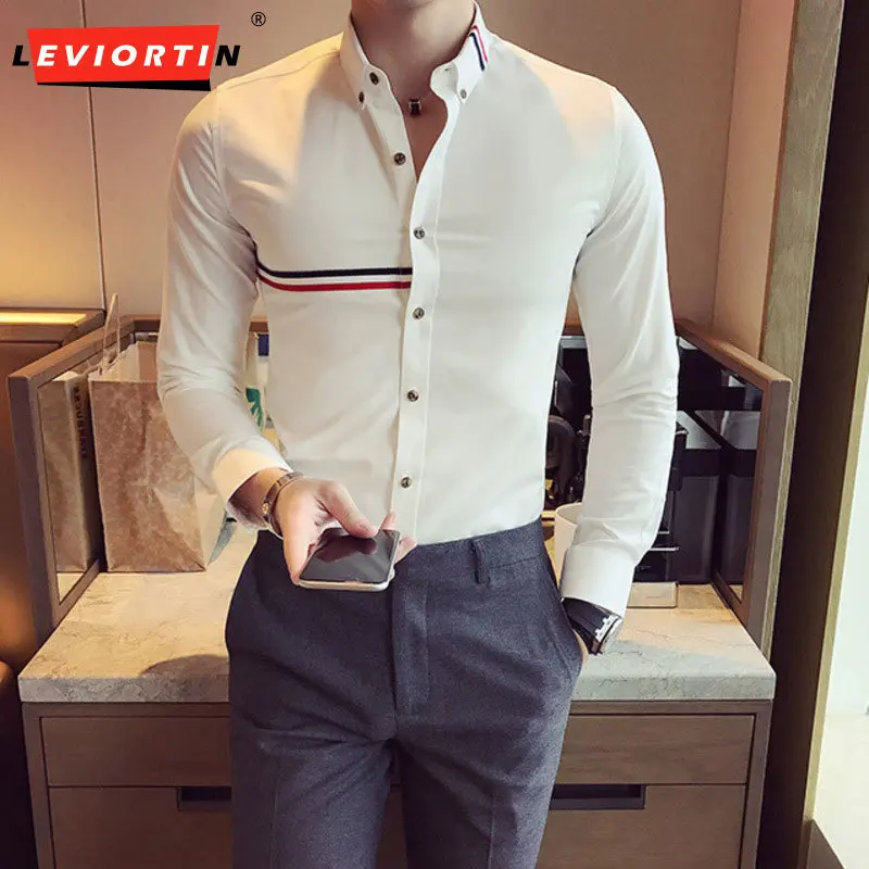 

2024 Spring and Autumn New Blue, White, and Red Stripes Decorated Men's Casual Long Sleeve Shirt Style Tailcoat Brand Clothing