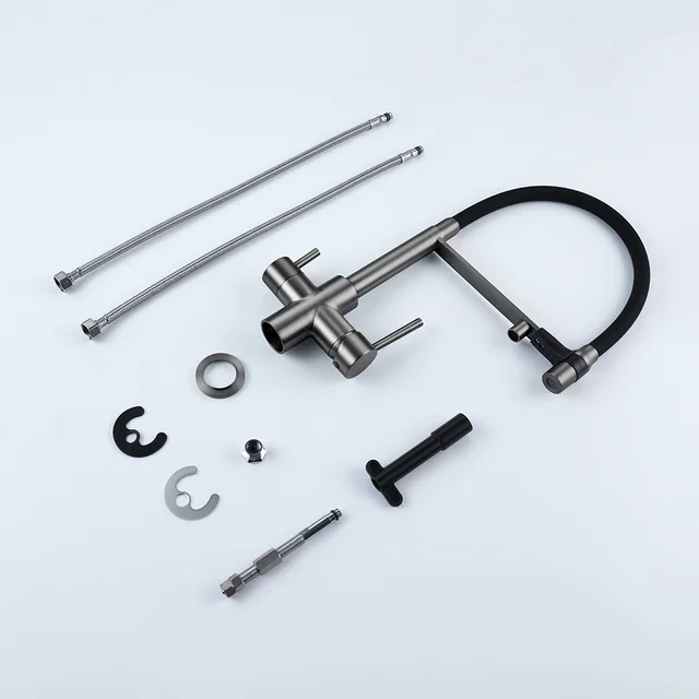 Gunmetal ก๊อกน้ำสำหรับห้องครัวทองเหลือง3วิธีอ่างล้างจานสีดำ Hose Mount ดึง Dual หัวฉีดสเปรย์น้ำห้องครัวก๊อก 6