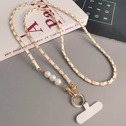 Elegant Universal Phone Lanyard with Pearl Chain and Long Strap Design (WHITE)