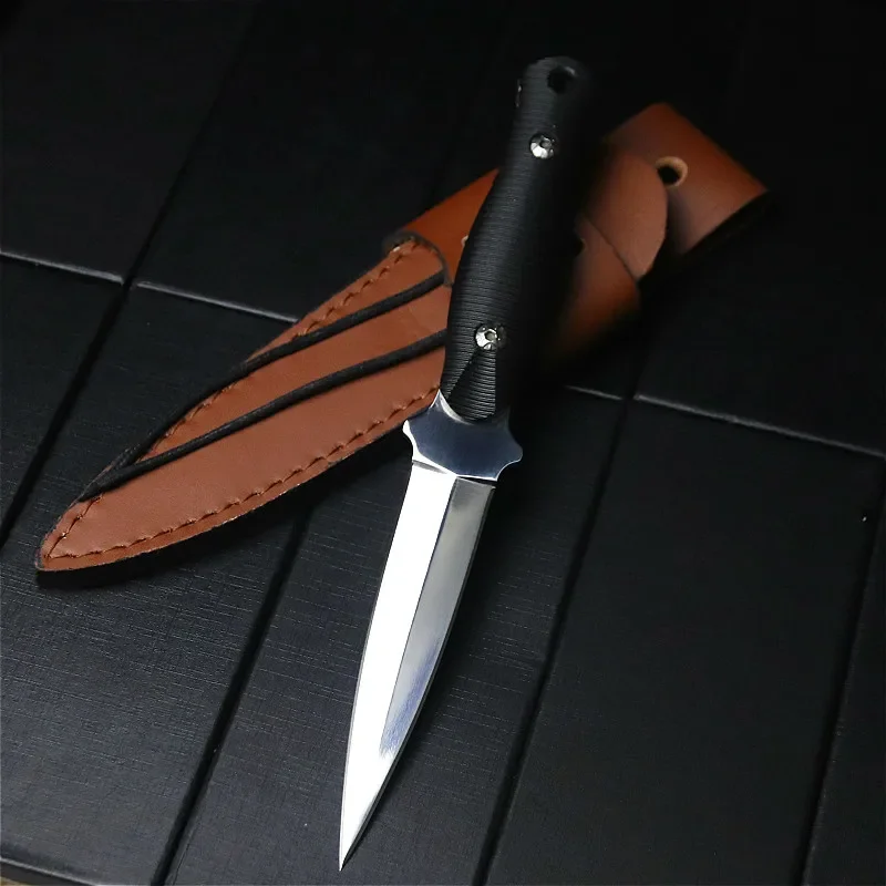 Japanese mirror light portable tactical knife outdoor hunting straight knife survival tool outdoor fishing + leather cover