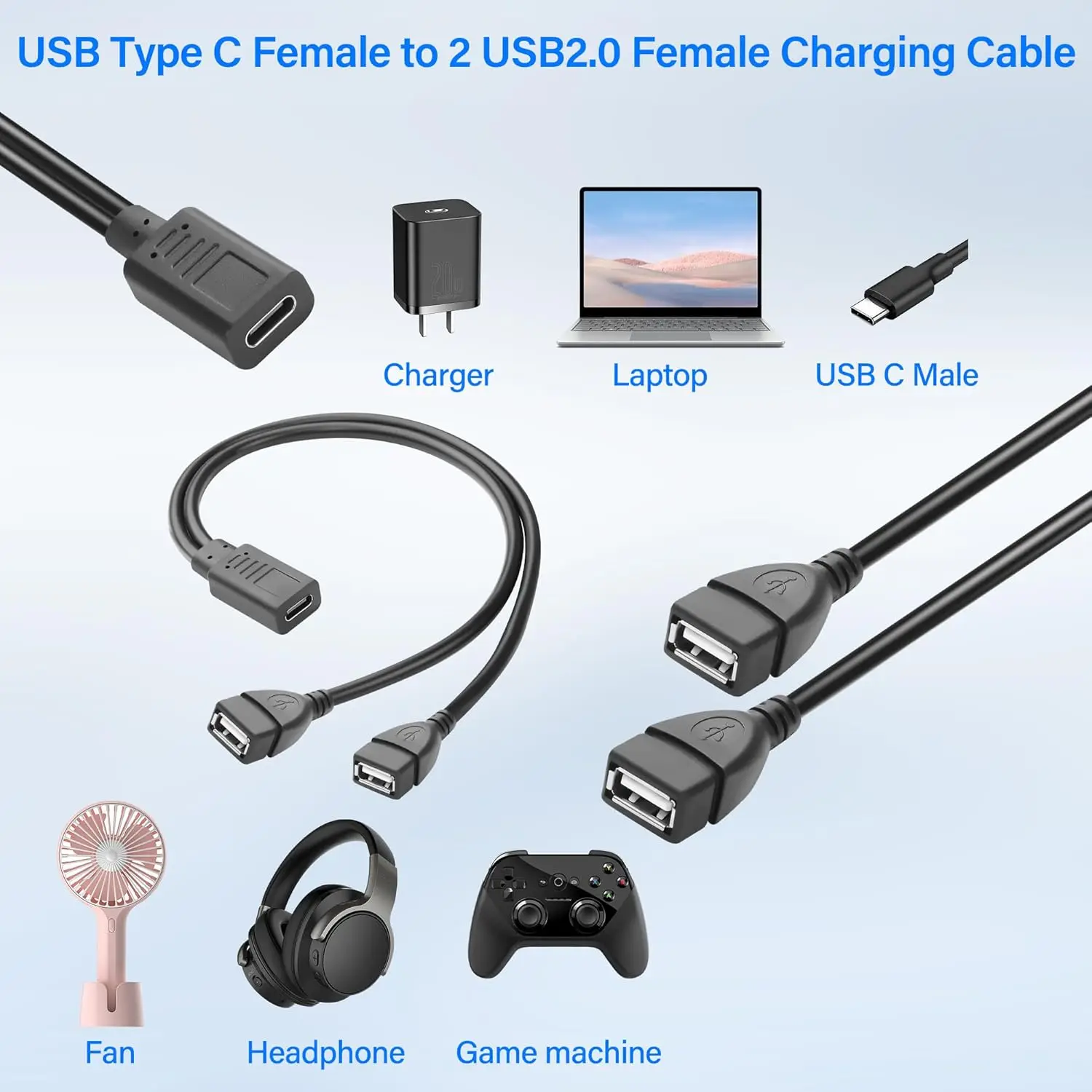 USB C 스플리터 충전 케이블 USB 타입 C 암-듀얼 2 USB 2.0 A 암 스플리터 Y 충전 커넥터 케이블 (충전 전용)