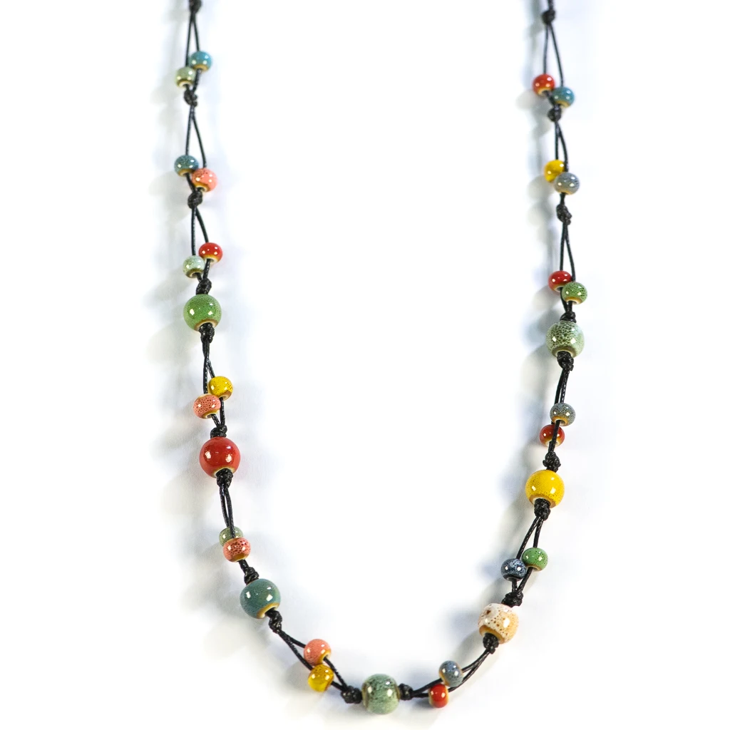 Handcrafted Bohemian Ceramic Necklace with Adjustable Wax Cord