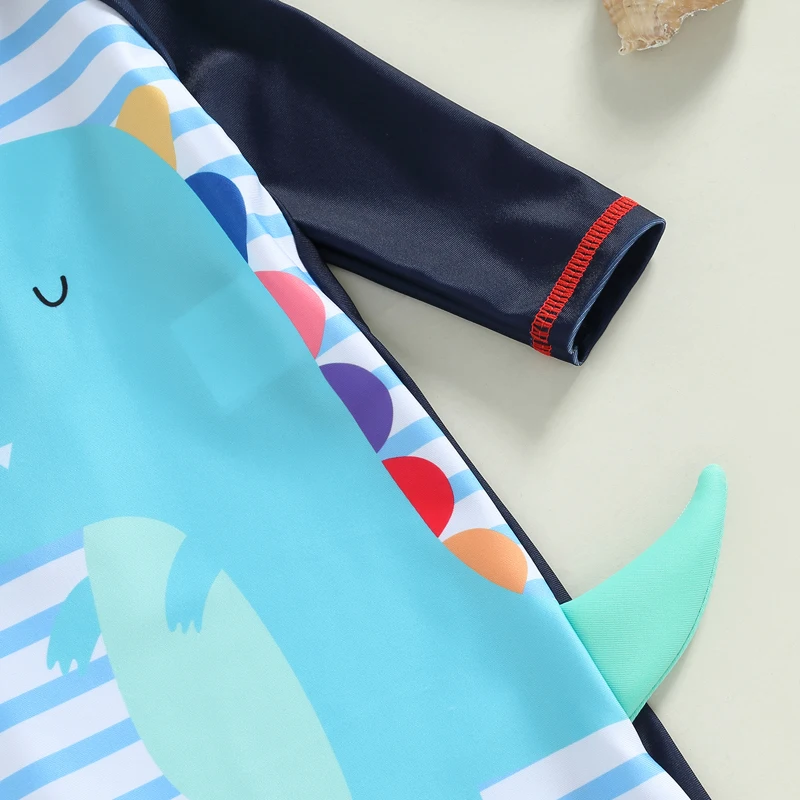 Kid Children Swimsuit 3/4 Sleeves Round Neck Cartoon Dinosaur Stripes Print Summer Beach Girls Boys