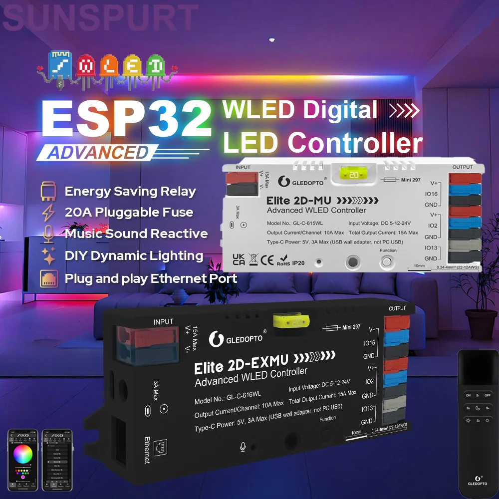 GLEDOPTO ESP32 WLED-controller met 4 uitgangen Ethernet Music Sound UART 20A steekzekering voor WS2811 WS2812 SK6812 WS2815 RGB Digital adresseerbare IC (618WL-4 uitgangen GLEDOPTO ESP32 WLED-controller met 4 uitgangen Ethernet Music Sound UART 20A steekzekering voor WS2811 WS2812 SK6812 WS2815 RGB Digital adresseerbare IC (618WL-4 uitgangen