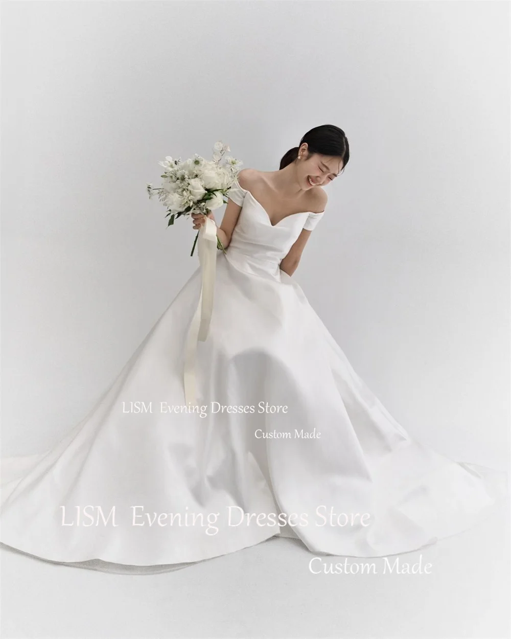 LISM Classic Off Shoulder V Neck Satin Korea Wedding Dresses A Line Vestidos De Novia Bride Dress Custom For Women Photos Shoot 3
