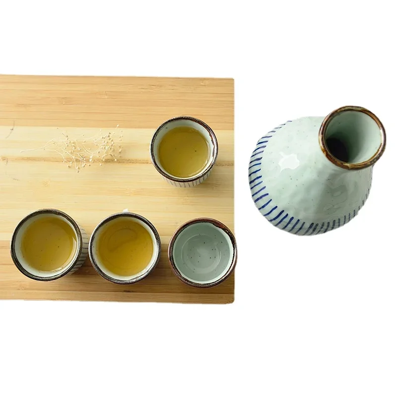 400ml Round Striped Sake Hip Flask Japan Korean Creative Hand-Painted Ceramic Bar Set 1 Pot 2/4 Cups Shochu Drinkware Bottle